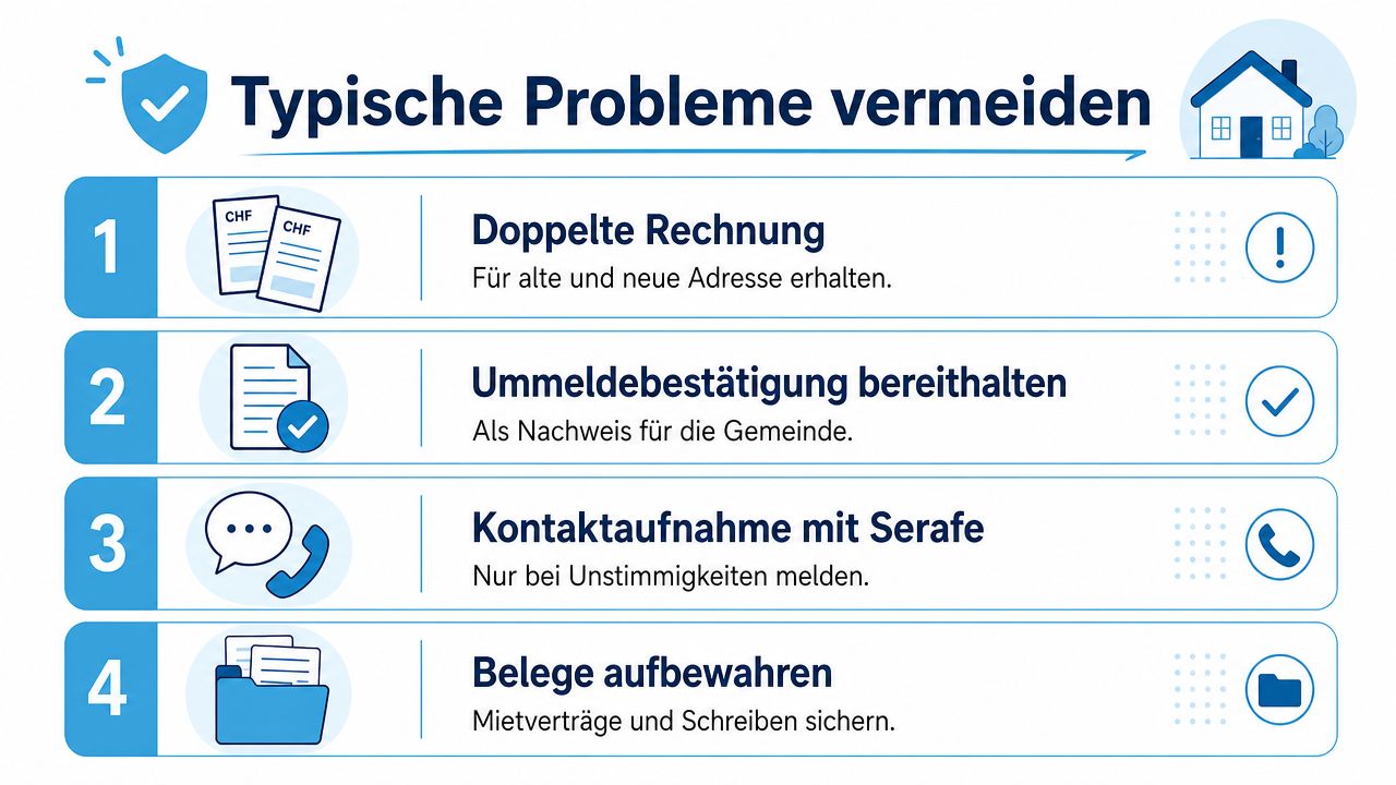 Infografik mit vier Schritten zur Vermeidung von Problemen bei einem Umzug bezüglich der Serafe-Gebührenrechnung.