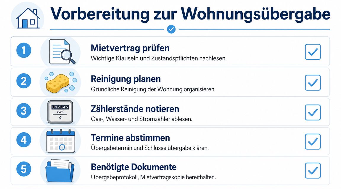 Eine Checkliste für die Vorbereitung einer Wohnungsübergabe mit fünf wichtigen Schritten für Mieter beim Auszug.