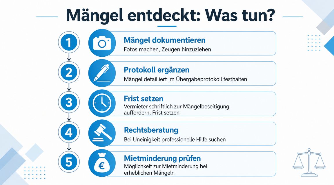 Infografik mit fünf Schritten zum Umgang mit Mängeln bei der Wohnungsübergabe, von der Dokumentation bis zur Mietminderung.