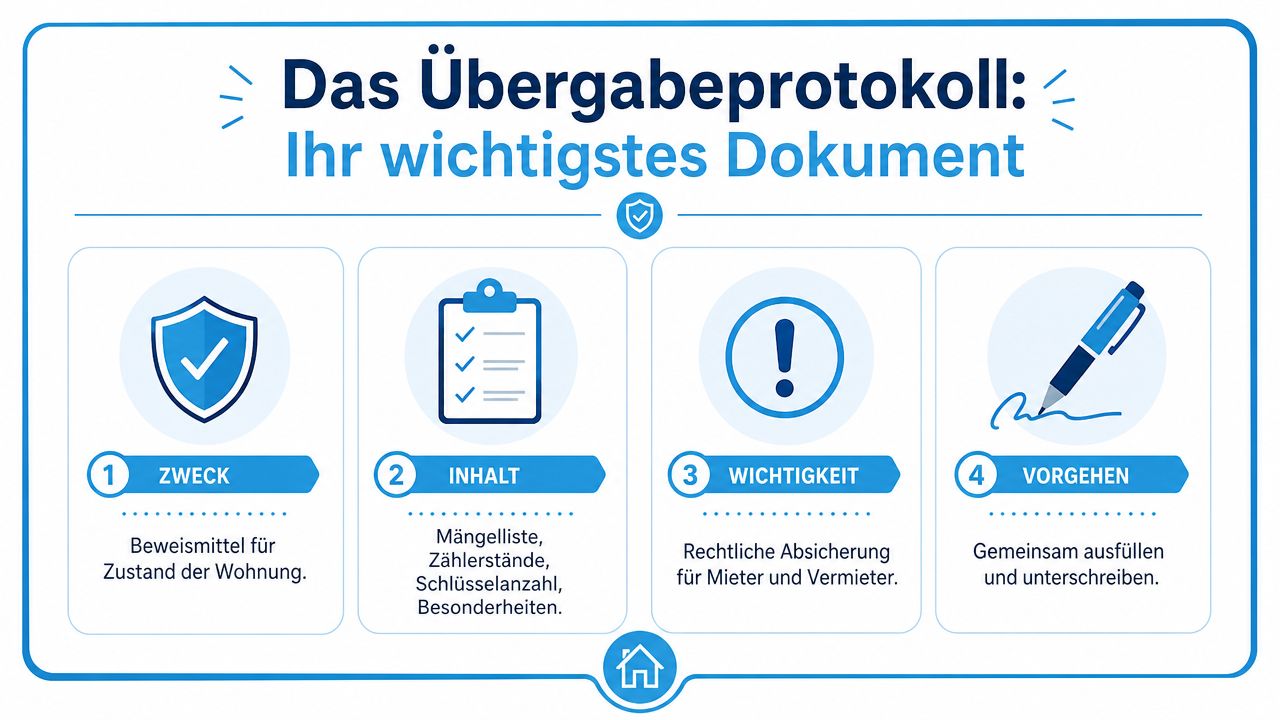 Eine grafische Übersicht, die die vier wichtigsten Aspekte eines Wohnungsübergabeprotokolls bei der Schlüsselübergabe erklärt.