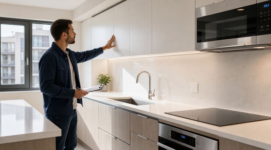 Ein Mann im Hemd begutachtet während einer Wohnungsübergabe die Küchenschränke mit einem Klemmbrett in der Hand.